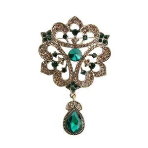 Gold-Tone Brooch With Green Gold Crystals & Teardrop Pendant Ornate Design